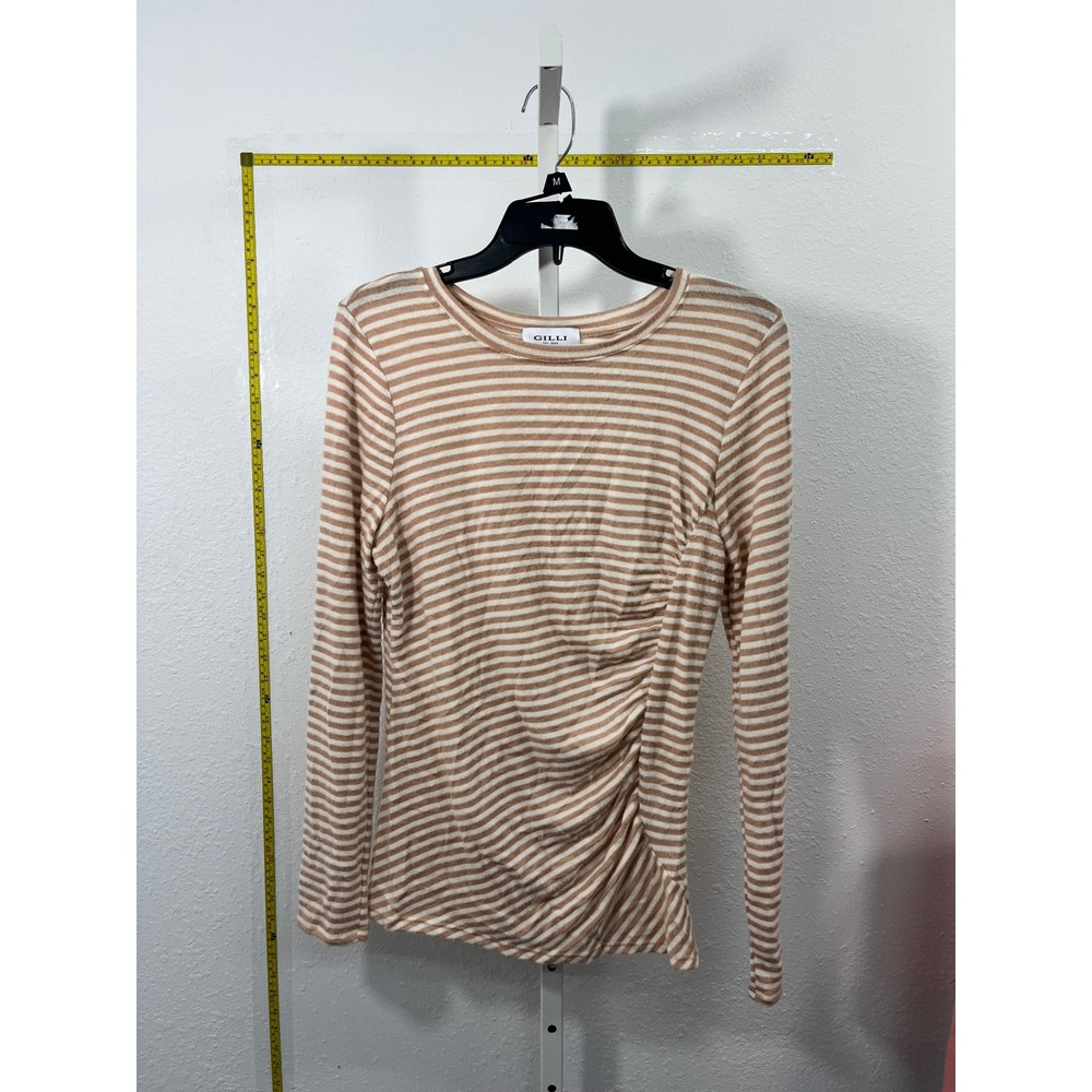 Gilli Tan White Striped Side Ruched Long Sleeve Top Medium Round Neck Knit